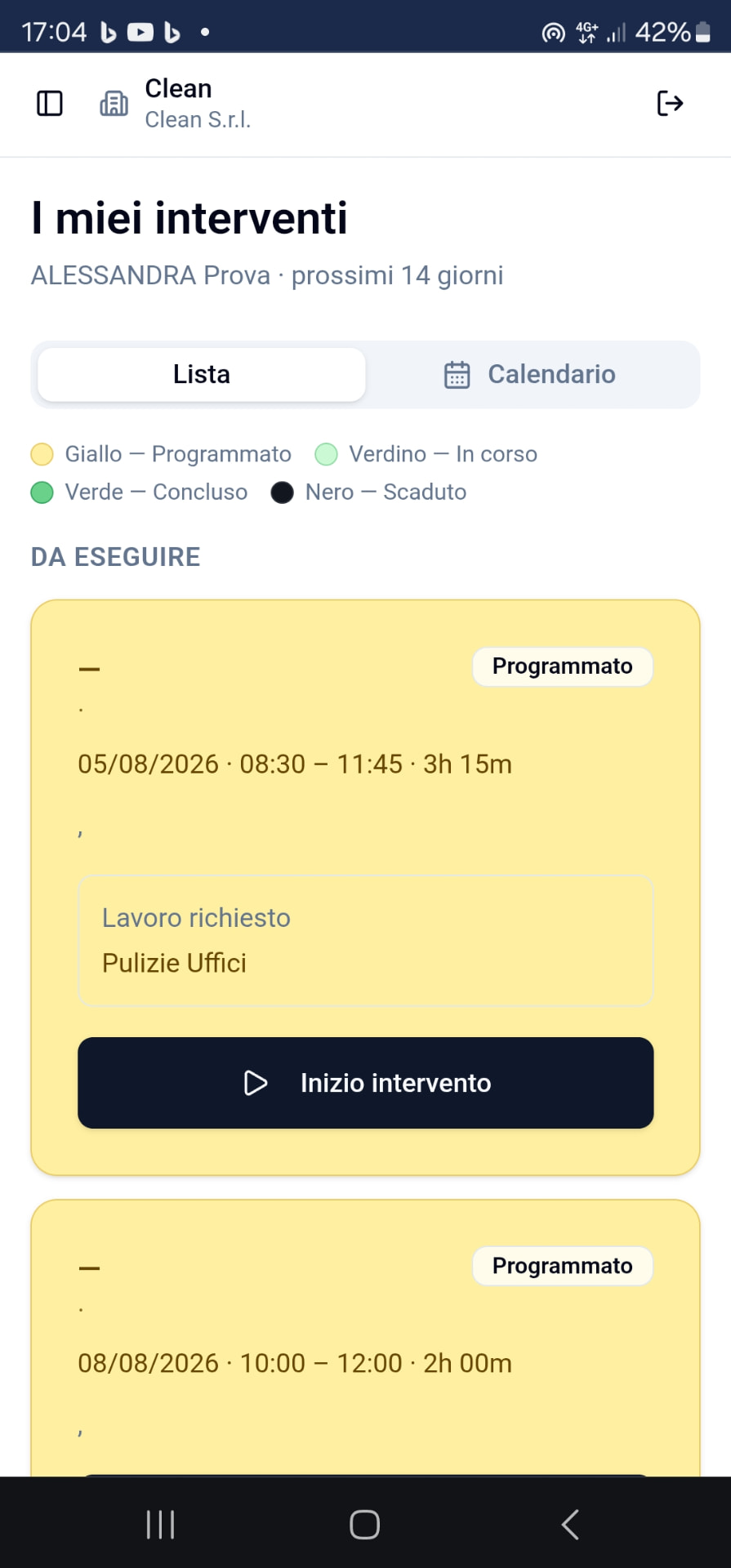 App CleanWork con elenco degli interventi programmati del dipendente