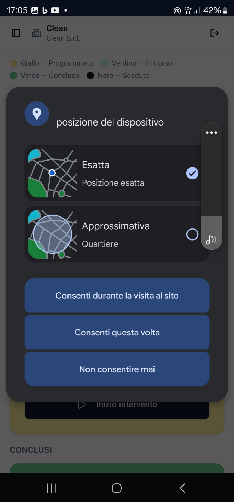 App CleanWork con richiesta di geolocalizzazione durante la gestione dell'intervento