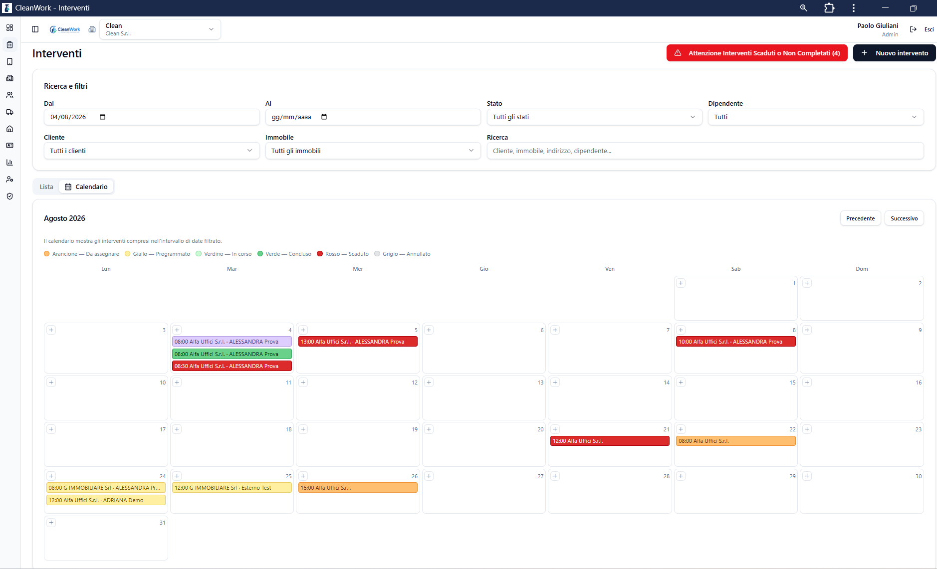 Calendario interventi del gestionale CleanWork per imprese di pulizie